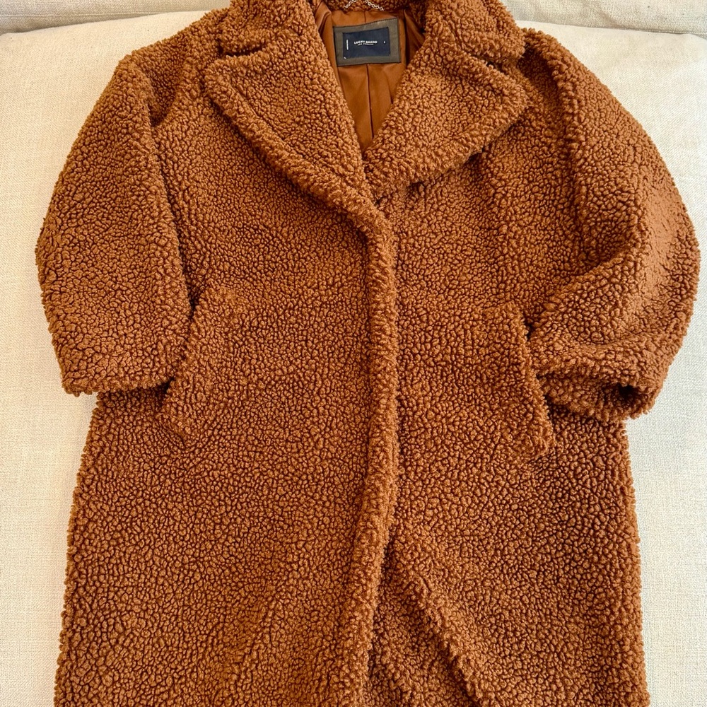 Lucky Brand Faux Shearling Long Coat in PECAN, Size: Large